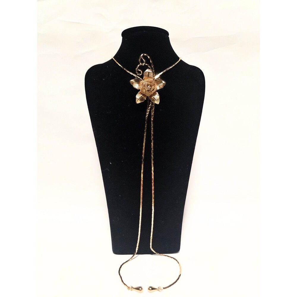 Gold Tone Floral Slide Necklace Adjustable Lariat Necklace Flower Pendant